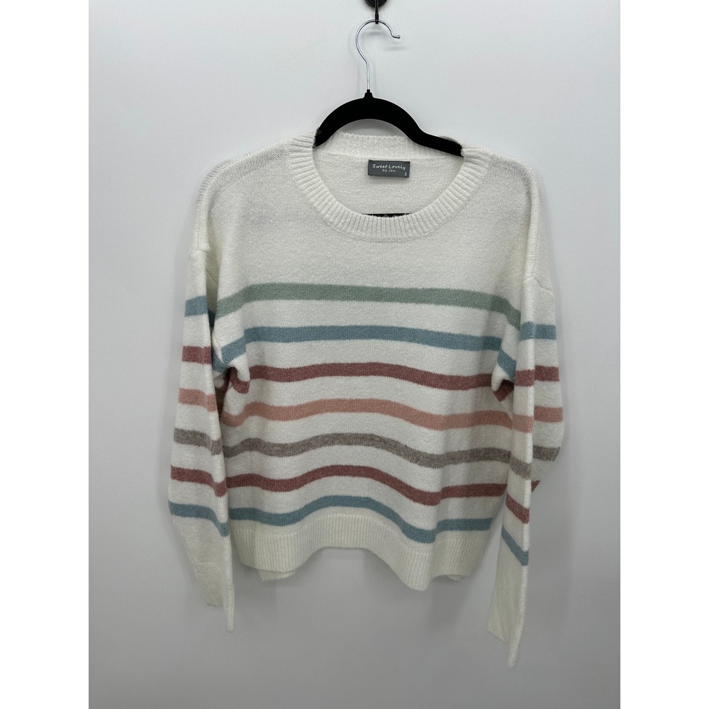 Sweet Lovely by Jen Womens Small Striped Soft Knit Crewneck Sweater Pastel Cozy